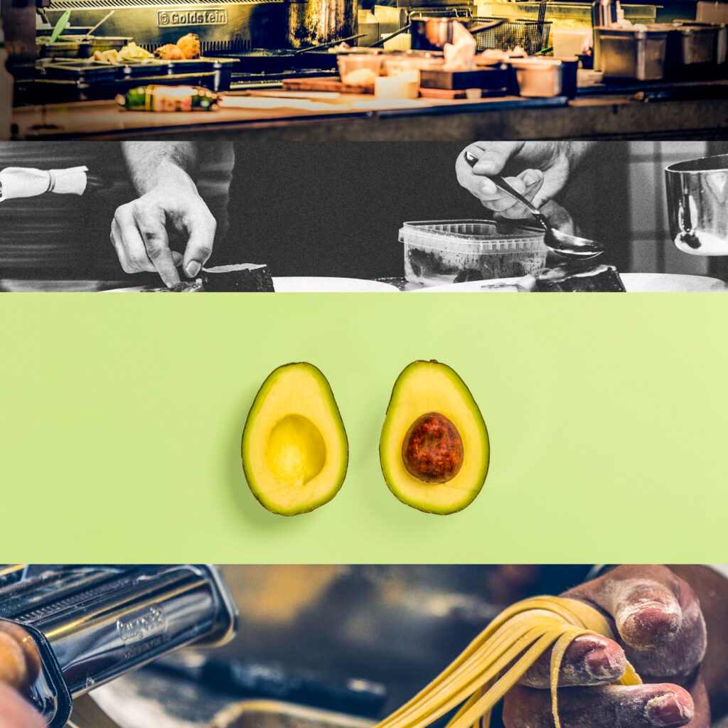Four pictures interlaced together showing various kitchen routine happenings- an empty kitchen, two chef's hands fiddling over a plate, a split open avocado & a pasta maker's hands