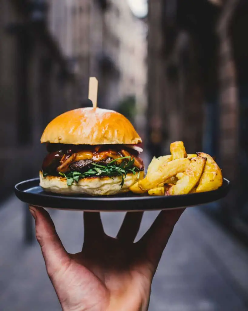 A magnificent poised burger plate held out in frame, a subtle gastronomical beauty that one must routinely practice to to be able to engage in such perfection.