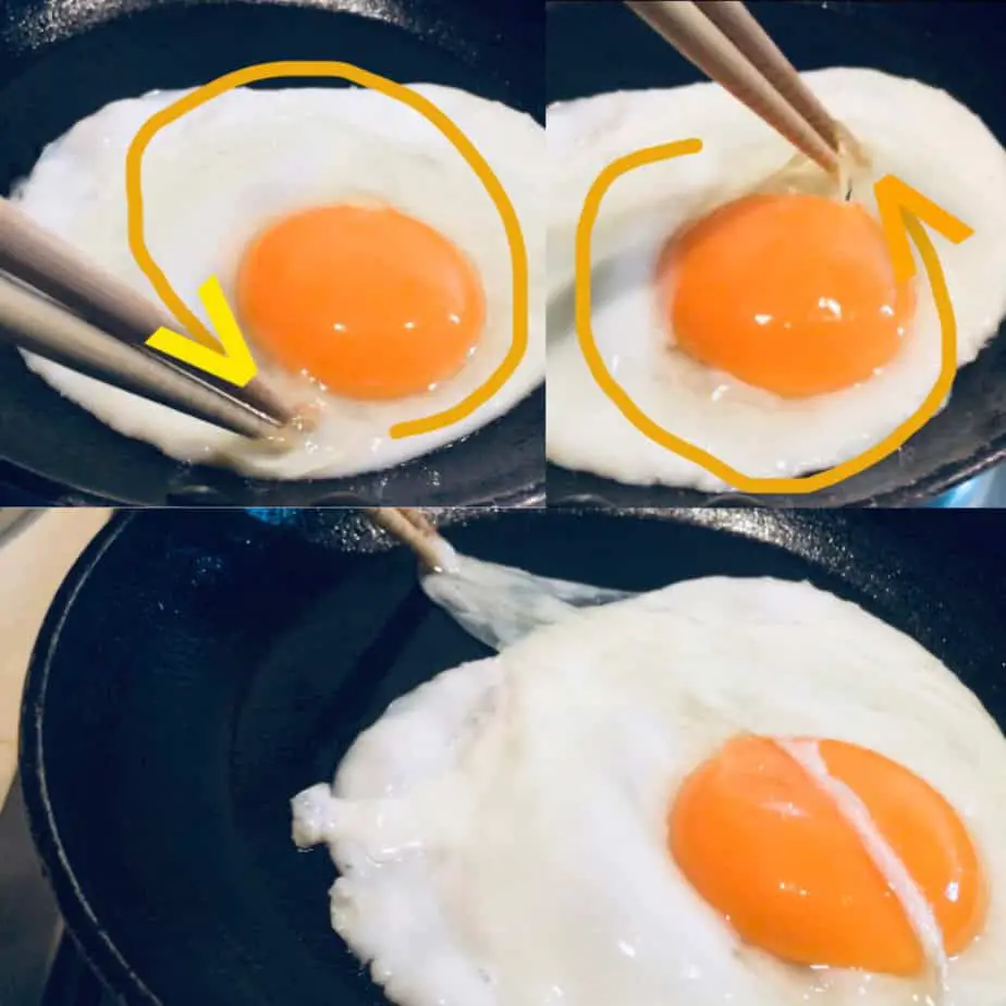 A how to collage of a fried egg in a pan, along with chopsticks cooking it.