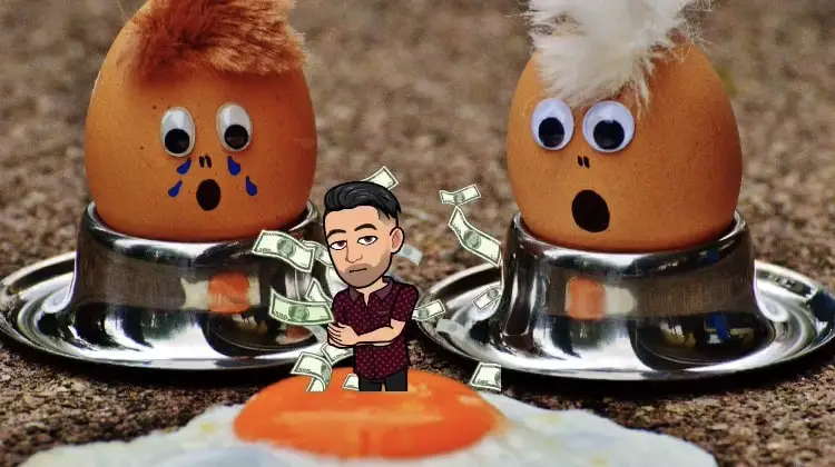 A cartoon image of two boiled eggs reacting to a cooked fried egg in front of them, with an avatar standing in the egg yolk.