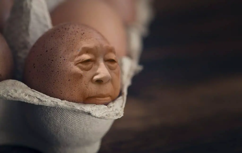An image of a carton of eggs with one displaying a human face on it.