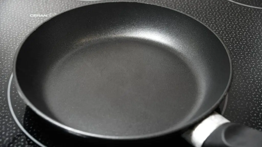 Non stick ceramic pan atop a stove.