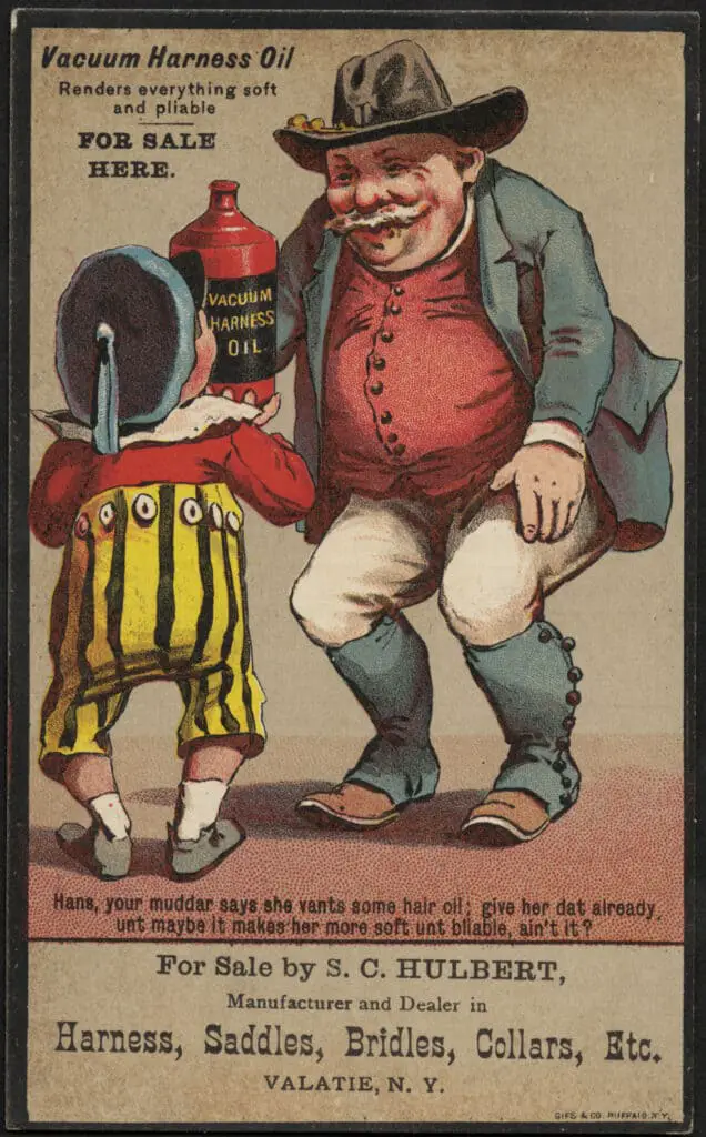 Old 20's style newspaper drawing of old man selling hair oil jar to a young kid.