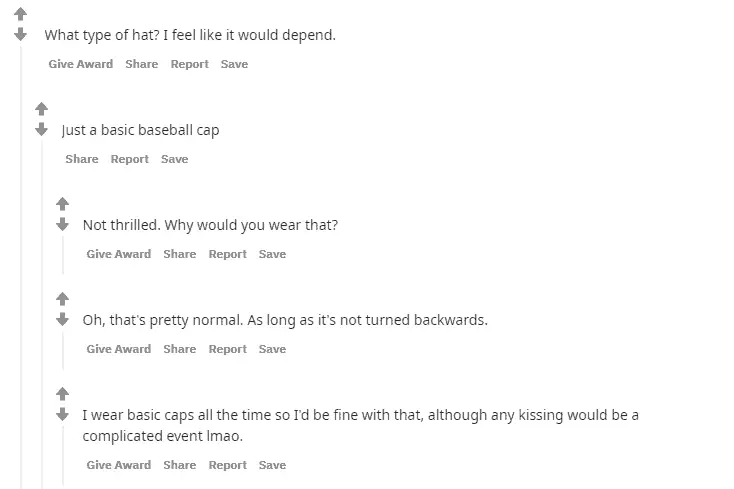 Screenshot of a Reddit forum discussing "if men can wear hat's on first dates".