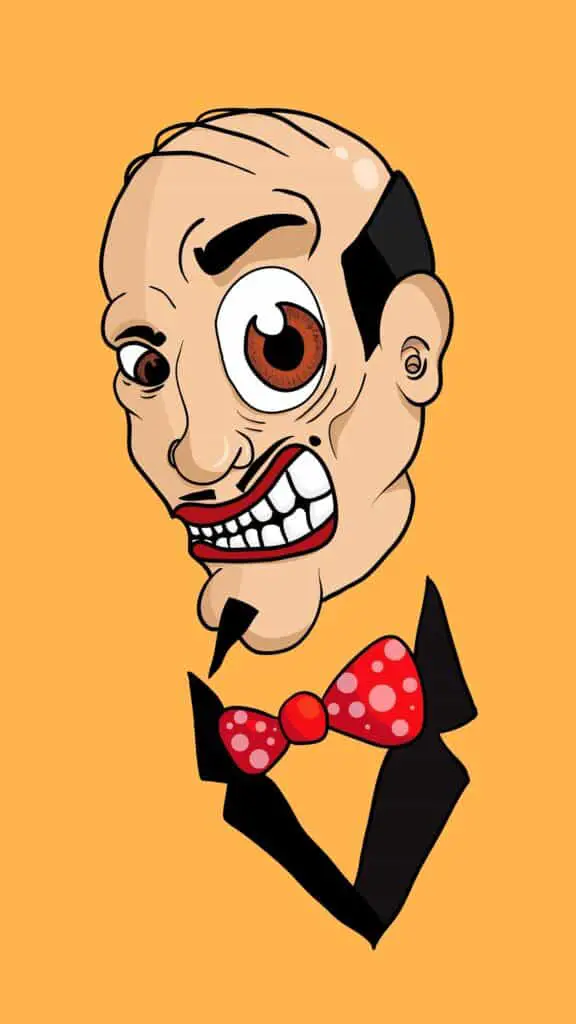 Animated graphic of smirking balding man wearing a bowtie.