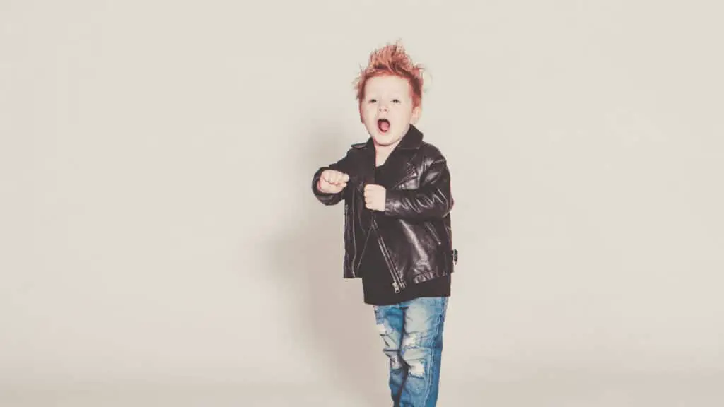 kid in leather jacket.